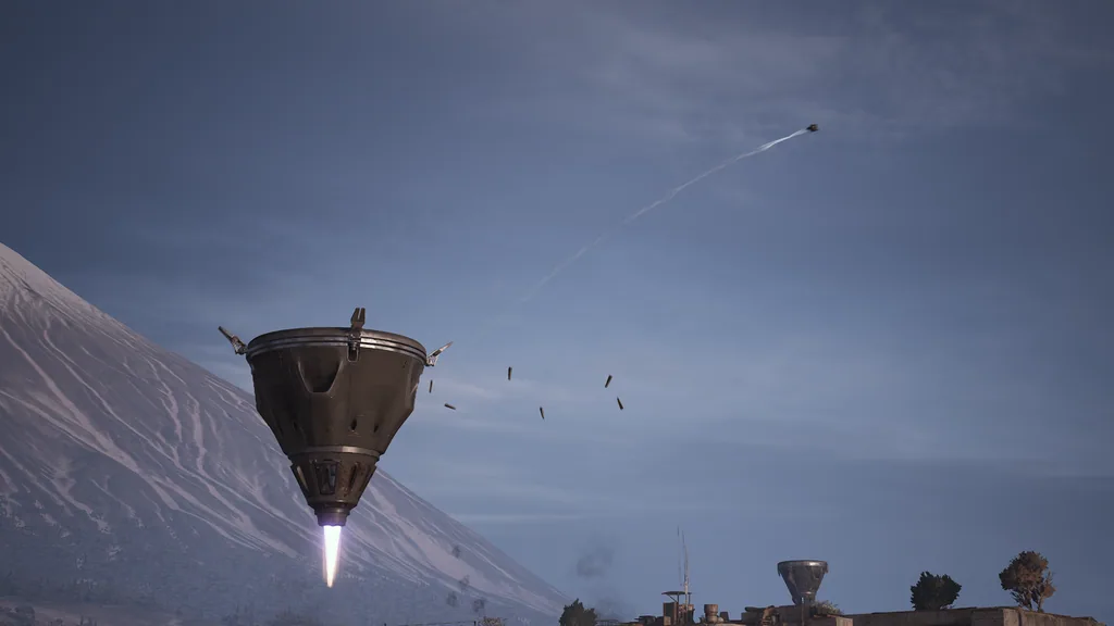 An ARC Turbine in flight launching a projectile that arcs upward
